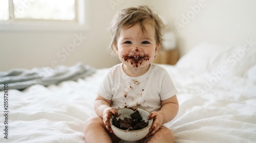 A happy toddler sitting on a white bed with a face and hands covered in chocolate while holding a small bowl and smiling at the camera joyfully