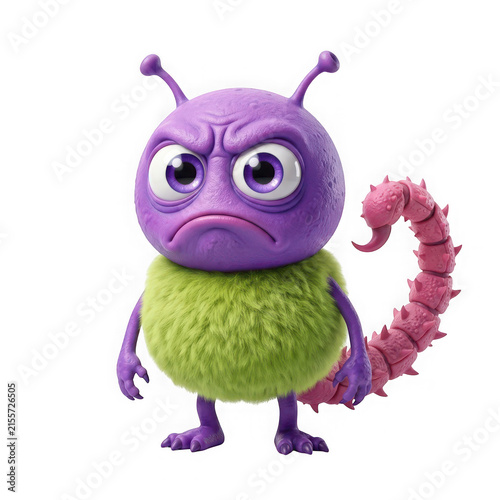 Cute cartoon monster with purple skin green fur and a pink scorpion tail isolated on transparent background