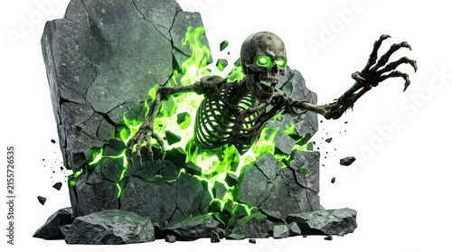 Green glowing skeleton breaking through a stone wall isolated on transparent background