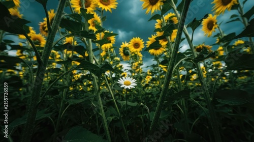 Single lonely white daisy flower standing out in a vast field of bright yellow sunflowers under a dark moody stormy sky in the countryside