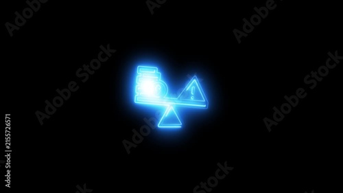 Neon financial risk balancing coins and warning sign animation