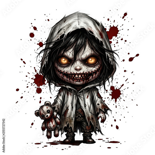 Creepy chibi character with glowing eyes and stitched mouth holding a bloody teddy bear isolated on transparent background