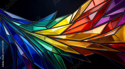 Stained glass wave design with vibrant rainbow colors on dark background and colorful and abstract
