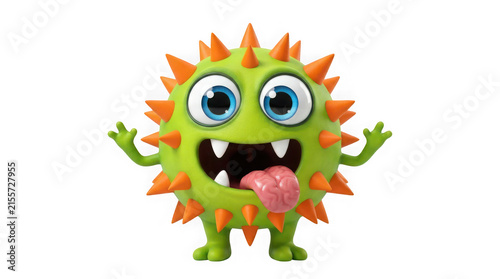 Cute green monster character with spikes and big eyes isolated on transparent background