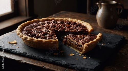 A rustic homemade pecan pie served on a dark slate board with one slice cut out, showcasing a golden crust and a delicious caramelized nut filling inside.