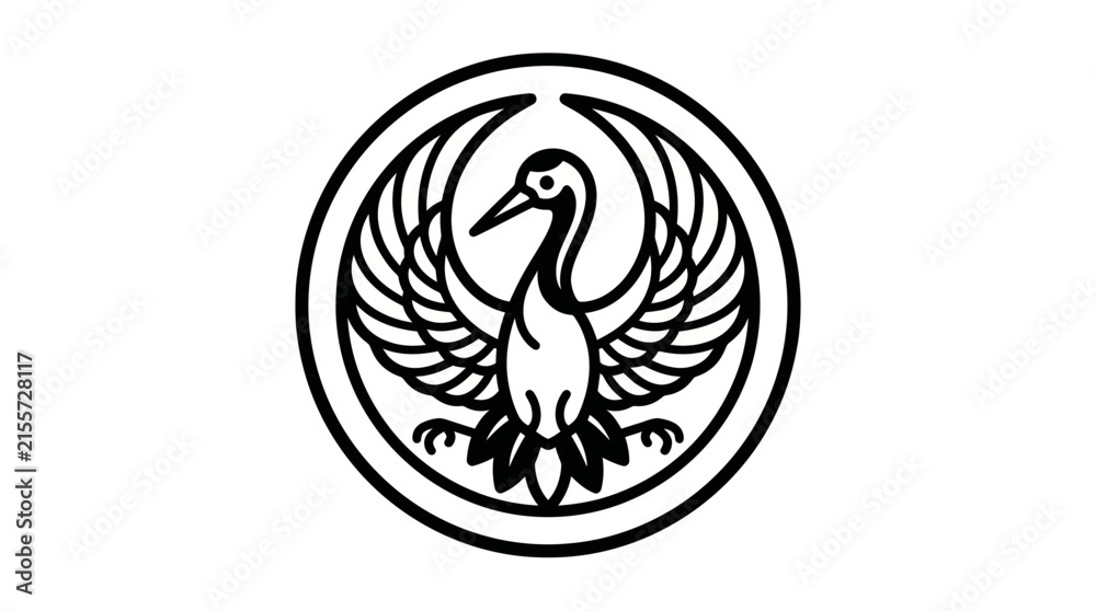 Obraz premium Elegant Crane Bird Emblem in Circle, Minimalist Line Art