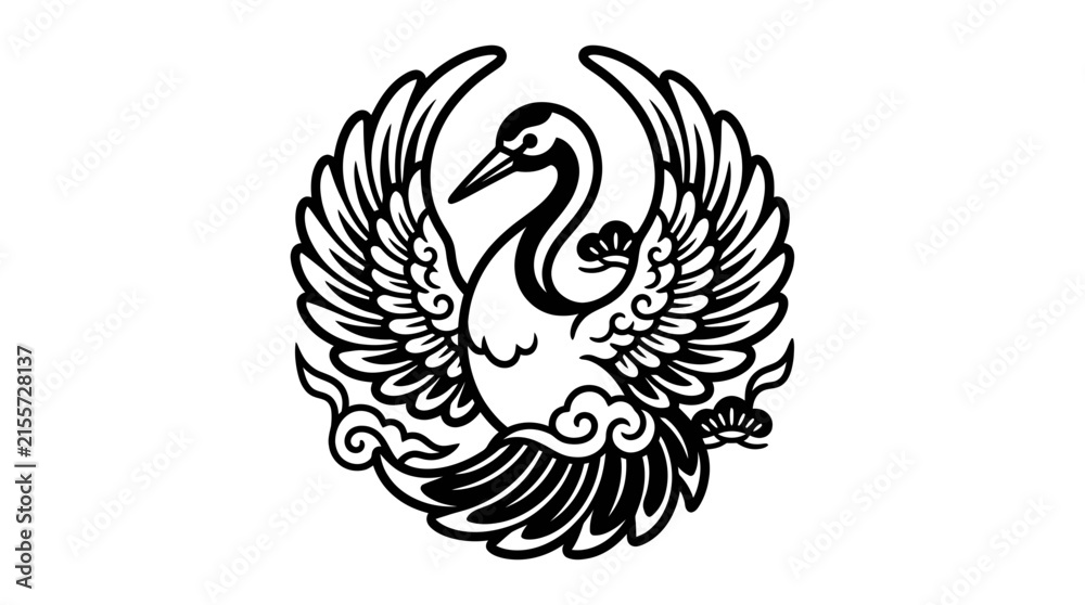 Obraz premium Elegant Crane Bird Emblem with Flowing Clouds