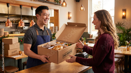 Smiling Asian man restaurant worker handing a boxed Thanksgiving meal to a woman customer. Holiday food service, turkey dinner preorder, seasonal hospitality and community sharing concept