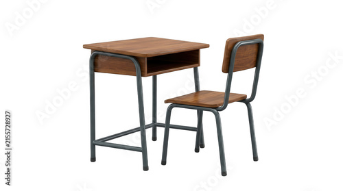 Wooden school desk and chair set for students with metal frame isolated on a white background for educational design isolated on transparent background