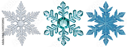 Obraz na plátně A stunning collection of three unique crystalline snowflakes in silver, turquoise, and blue