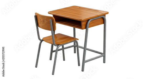 Wooden school desk and chair set for children isolated on a white background for classroom and education study concept isolated on transparent background