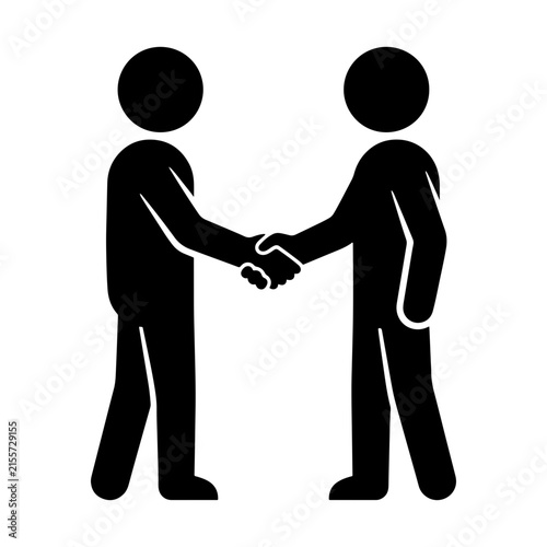 Minimalist black silhouette vector icon of two stick figures shaking hands, representing partnership, agreement, and trust.