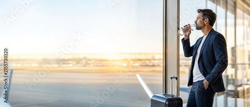 Man stands at airport window holding a drink and looking out at the runway during early morning light with a suitcase nearby