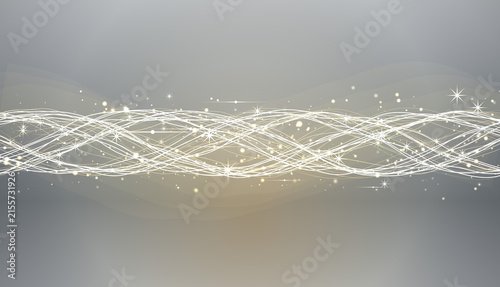 Ethereal glowing light waves with sparkling particles, abstract silver and gold energy trails, elegant flowing motion background