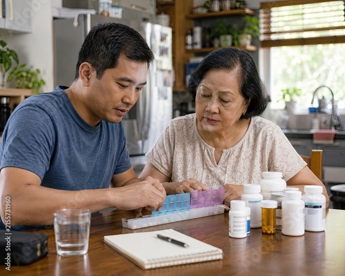  Adult son organizing medication for elderly mothe 