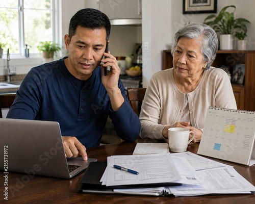 Son coordinating follow-up care for elderly mother