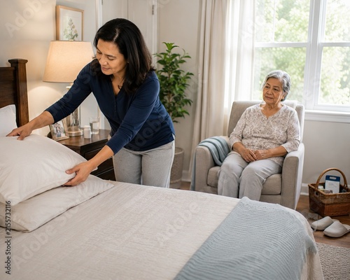 Daughter preparing safe bedroom for recovering parent