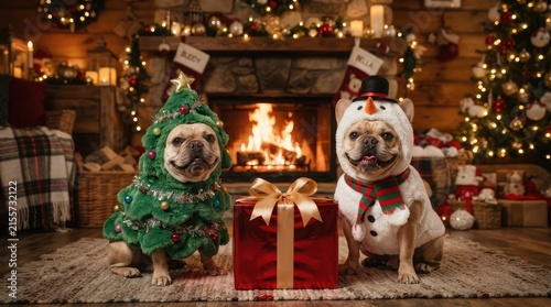 Two Adorable French Bulldog Dogs Dressed in Festive Christmas Tree and Snowman Costumes Sitting Together by a Cozy Warm Fireplace with a Wrapped Gift