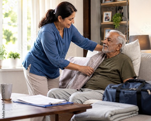  Adult daughter helping father after hospital discharge