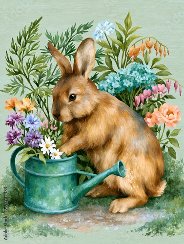 Cute rabbit with watering can surrounded by colorful spring flowers