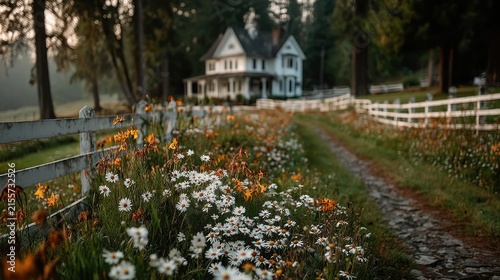 A picturesque countryside estate with a white house, path, fence, and a field of flowers