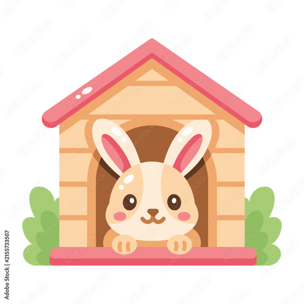 Obraz premium A white rabbit sitting inside a small pink-roofed house.