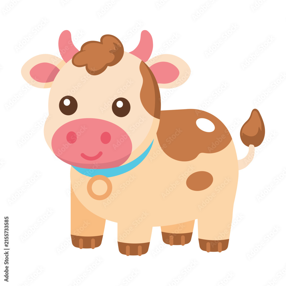 Obraz premium A small spotted cow standing with a blue collar.
