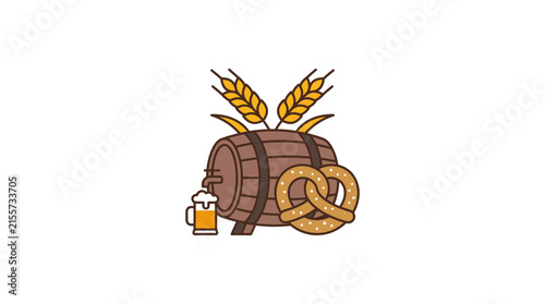 Vector Illustration of Beer Barrel with Wheat and Pretzel