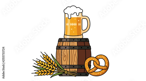 Vector illustration of beer mug on barrel with wheat and pretzel