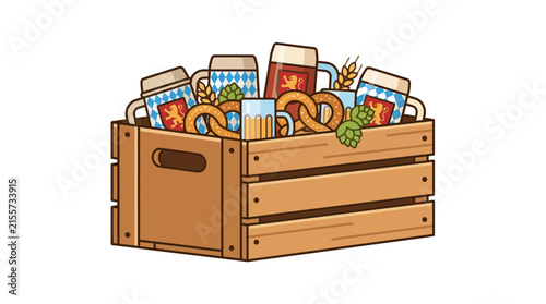 Wooden Crate Filled with Beer Steins and Pretzels Vector Illustration