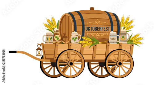 Wooden Beer Wagon with Barrel and Mugs Illustration