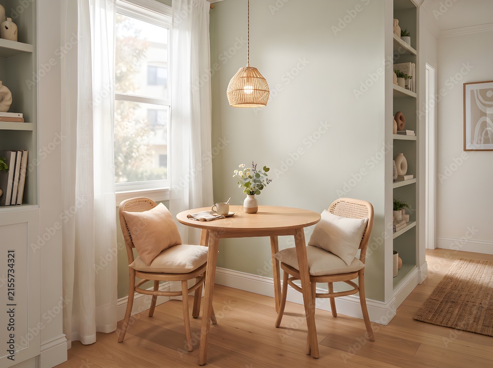 Fototapeta premium Small Scandinavian Dining Nook with Round Wood Table and Sage Wall