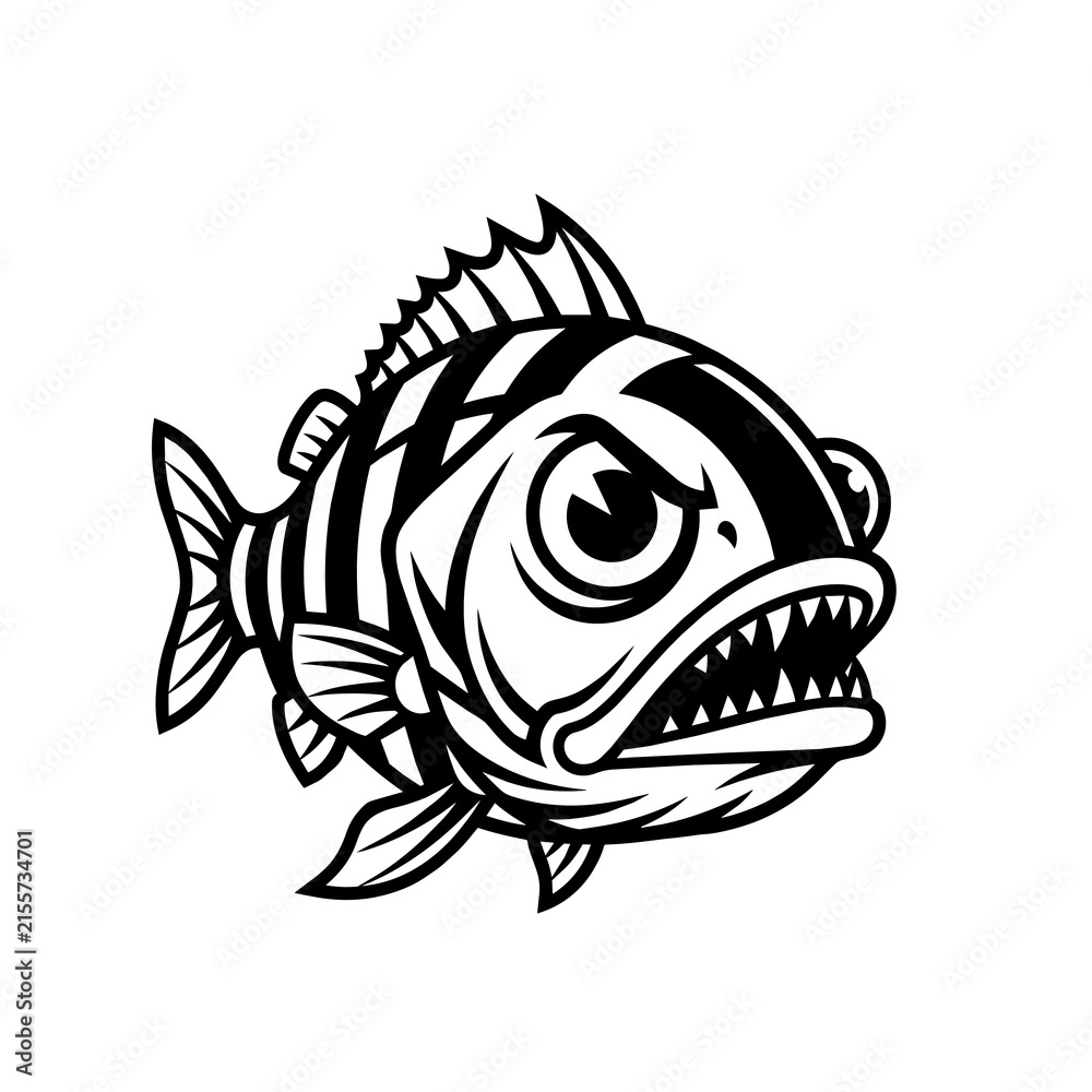 Fototapeta premium Fierce Piranha Fish with Open Mouth Teeth Black and White Vintage Vector Illustration