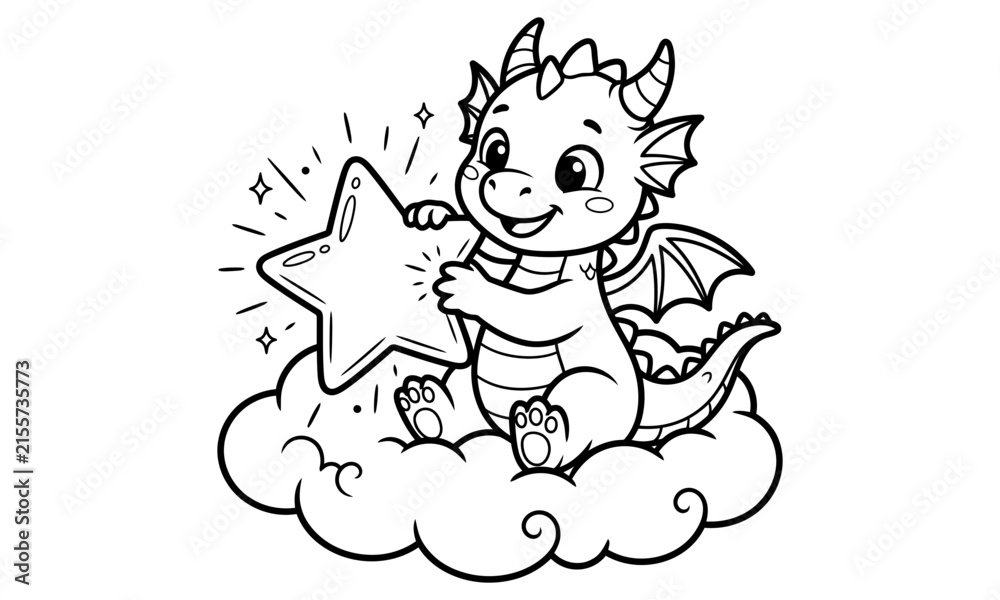 Naklejka premium Cute baby dragon sitting on a fluffy cloud holding a shining star coloring page. Black and white outline illustration for kids coloring book, activity sheet and printable worksheet.