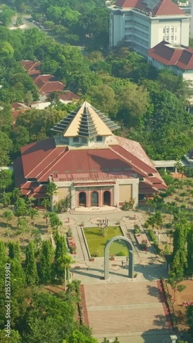Prominent mosque building and landscaped grounds seen from above Yogyakarta