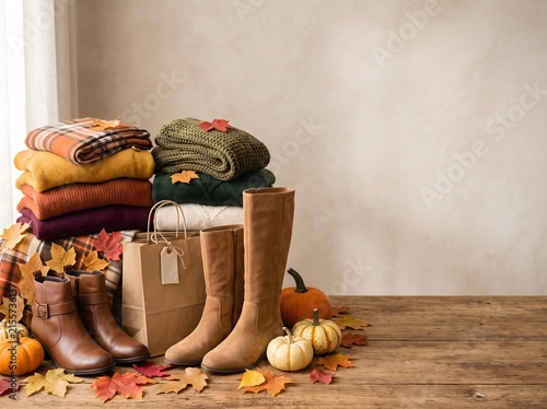 Warm rustic autumn still life featuring colorful knitted sweaters, boots, woven baskets, pumpkins, dried leaves and seasonal accessories on a wooden surface. Perfect for fall fashion