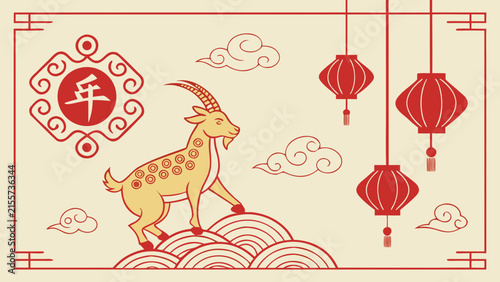 Chinese New Year Zodiac Goat Illustration with Lanterns and Clouds. Traditional lunar calendar sheep symbol vector art on light background.