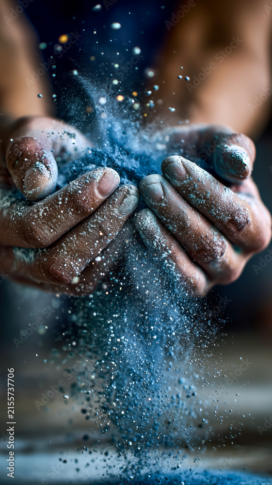 Fototapeta premium Blue glitter dust cascading from hands, a shower of celestial light