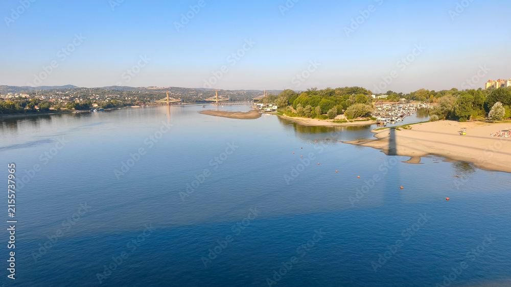 Fototapeta premium record low level of Danube River in Novi Sad, seen from above