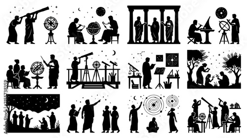 Collection of black silhouettes featuring ancient greek astronomers and scientists studying stars, planets, globes, and celestial instruments