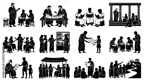 Collection of black silhouettes depicting ancient greek scholars, students, and librarians working with scrolls and books in a library setting