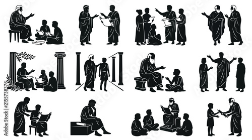 Set of black silhouettes showing ancient greek teachers and students reading scrolls, studying literature, and engaging in academic lessons