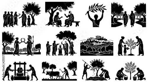 Foto Set of black and white depicting ancient greek agricultural life, farming, olive