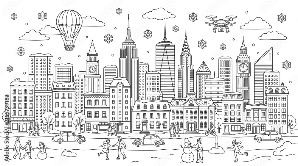Fototapeta premium A winter cityscape illustration featuring diverse buildings, a hot air balloon, a drone, and people enjoying snow activities.