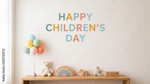Minimalist composition 'Happy Children’s Day' — toys, balloons, and copy space.
