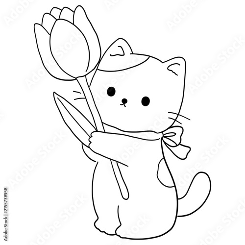 Cute cartoon cat with tulip doodle for coloring page