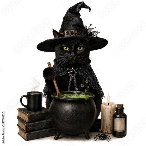 Black cat dressed as a witch brewing a glowing green potion in a cauldron, surrounded by candles, old books and a potion bottle, isolated on white for Halloween.