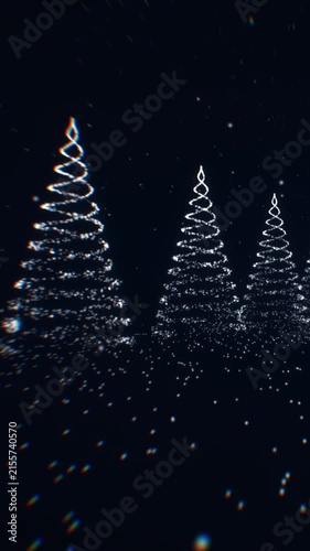 Christmas tree wireframe constructed from glowing cyan particles in a vertical 3D render with falling snow for futuristic holiday mobile backgrounds