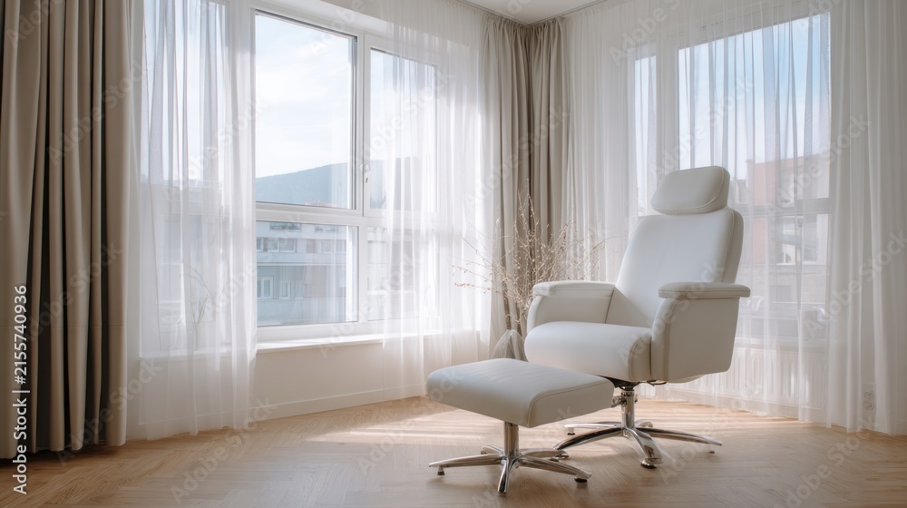 Fototapeta premium modern white medical chair in a bright minimalist clinic room, featuring natural light through a large window, warm wooden flooring, neutral curtains, clean contemporary interior
