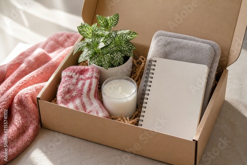 Non food Valentine care package with cozy socks, potted plant and reusable heating pad for seasonal retail, wellness and gifting campaigns